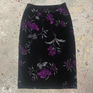 Black Velvet Floral Skirt Purple Flowers Stretch Knee Length 90s Y2K